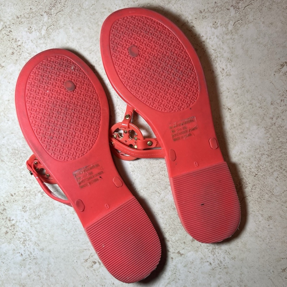Tory Burch Mini Miller Jelly Thong Sandals Size 9 Orange Coral Double T Gold EUC - Picture 4 of 8